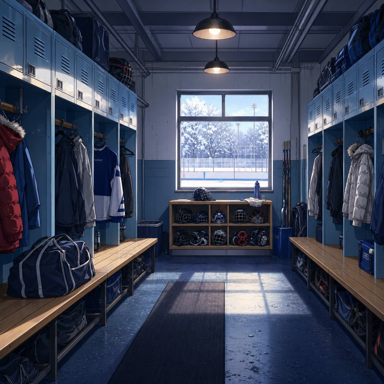 ice rink changing room with snowy window