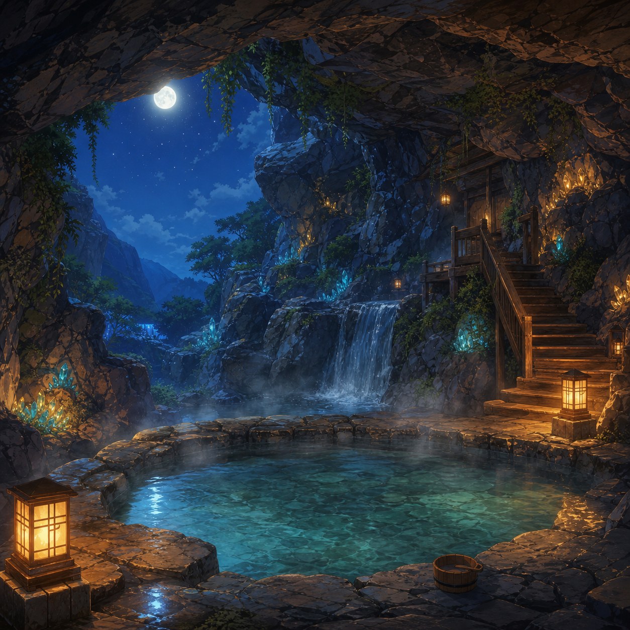 moonlit cavern hot spring with crystals