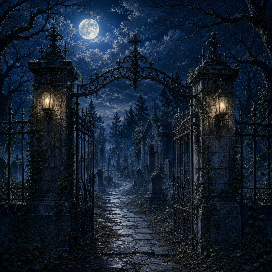cemetery gate at night
