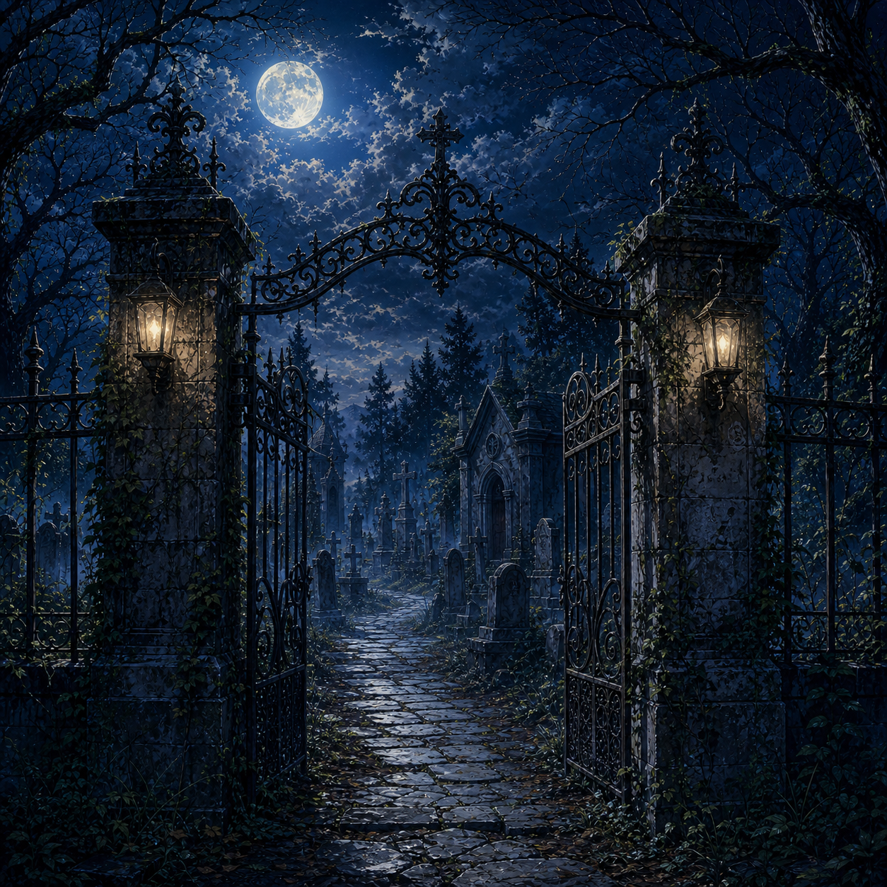 cemetery gate at night