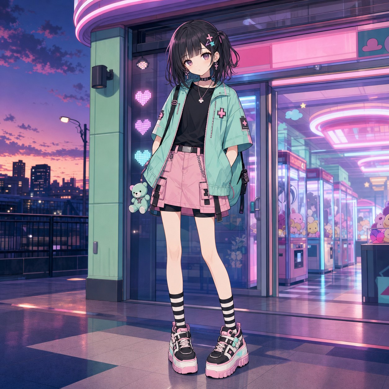 ミント色の半袖ジャケットとピンクのショートパンツコーデを着た少女