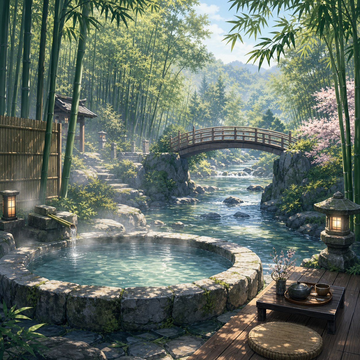 bamboo forest hot spring with a wooden bridge