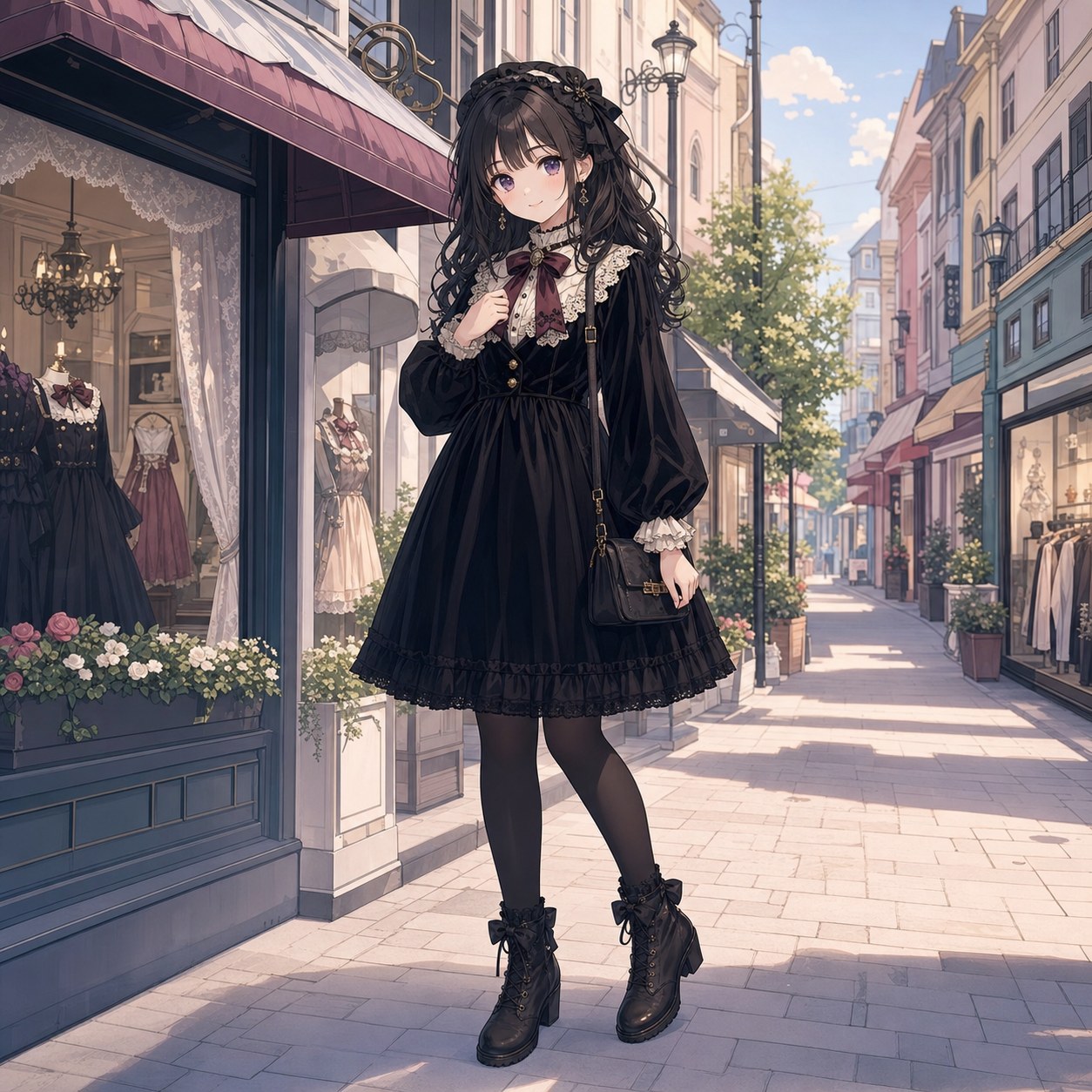 ベルベットドレスを着た日常使いのゴスロリ女性のアニメ調全身像