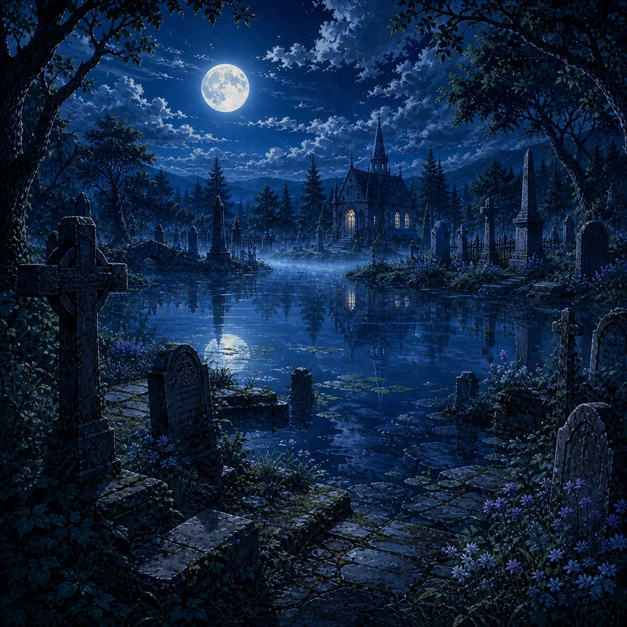 graveyard pond under moonlight