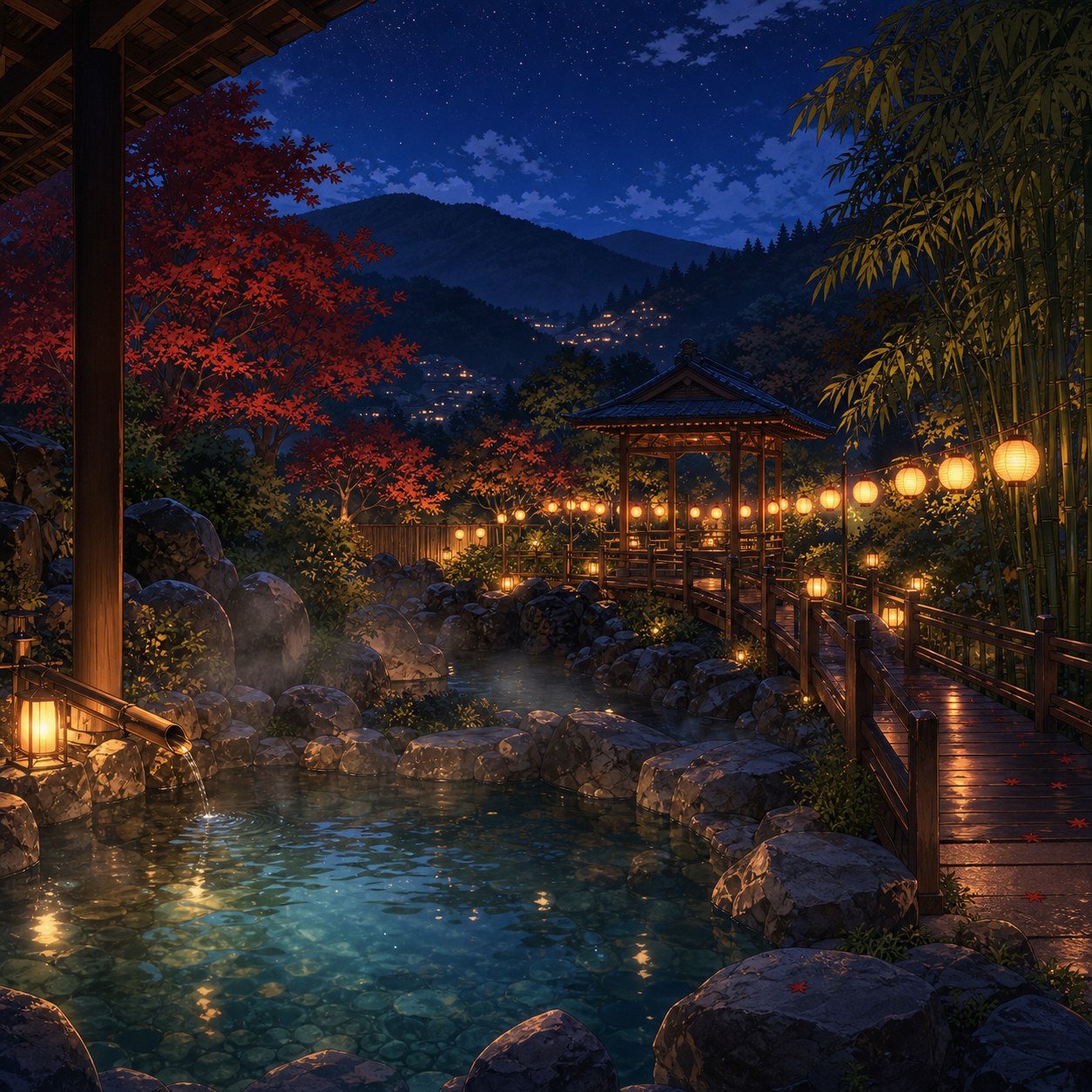lantern-lit mountain hot spring at night