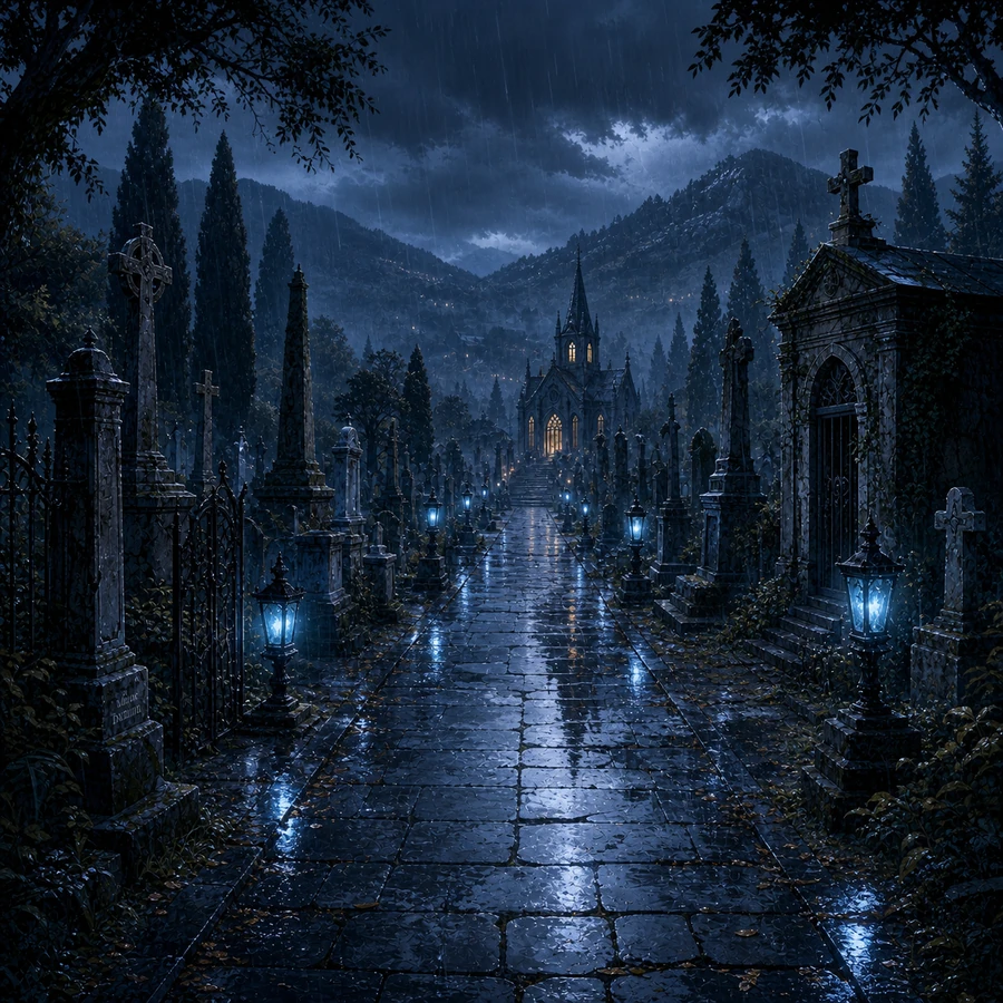 rainy cemetery avenue
