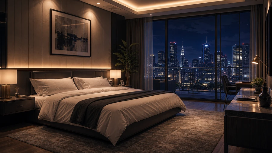 modern apartment bedroom with city view