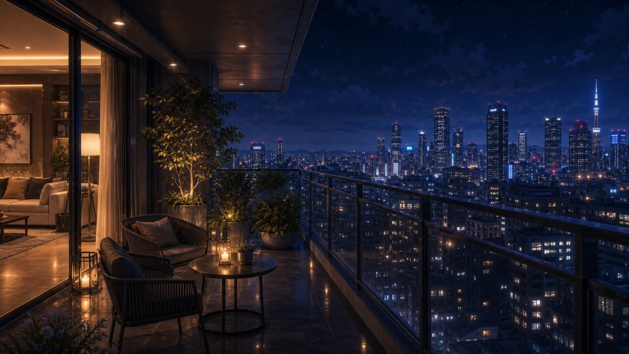 high-rise balcony at night