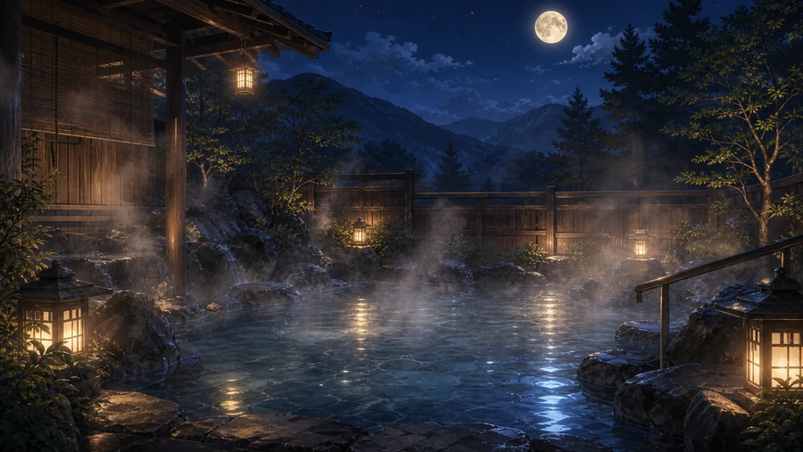 outdoor hot spring bath at night