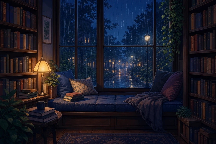 rainy library window seat