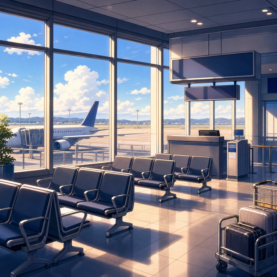 airport boarding gate lounge anime background