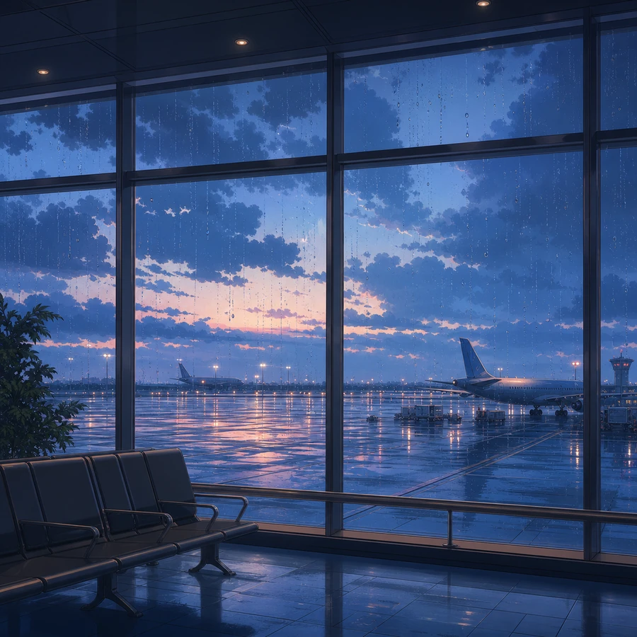 rainy airport runway window anime background