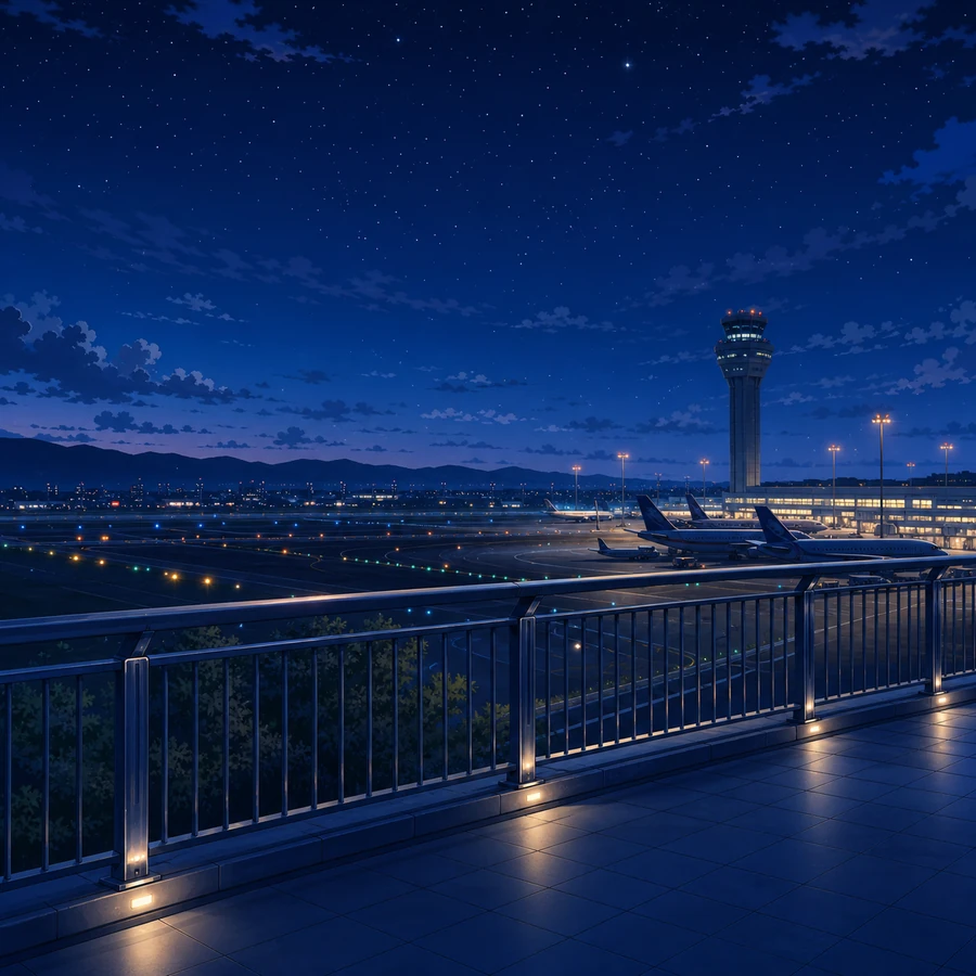 airport observation deck at night anime background