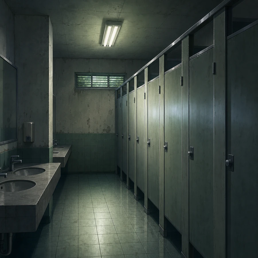 dim public restroom interior