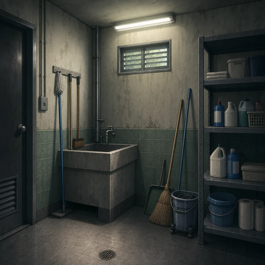 restroom cleaning supplies corner