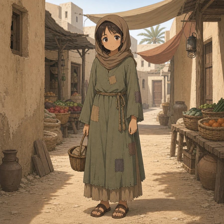 middle eastern poor girl patched dress alley outfit