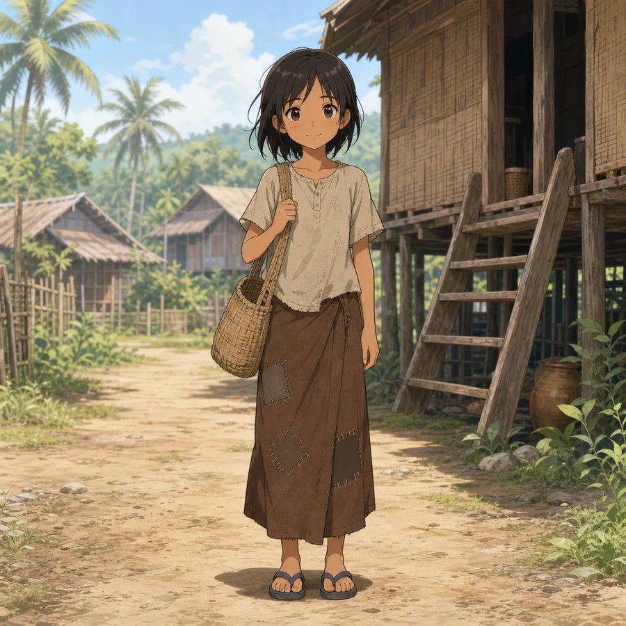 southeast asian poor girl patched sarong outfit