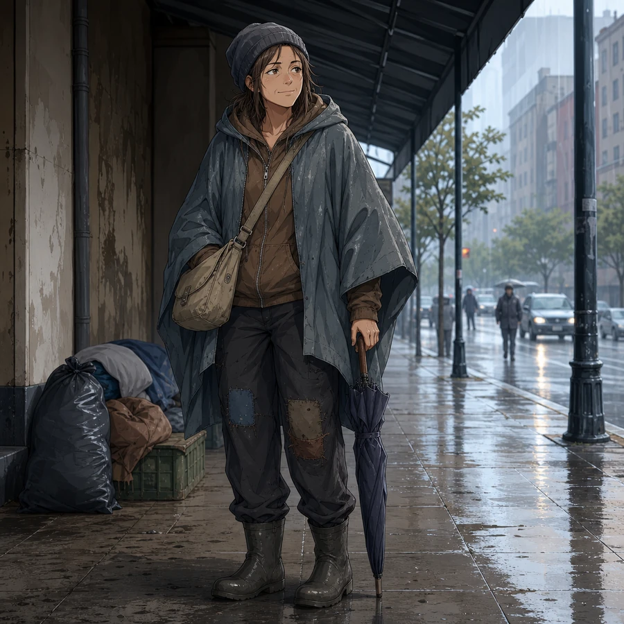 unhoused woman rainy poncho outfit