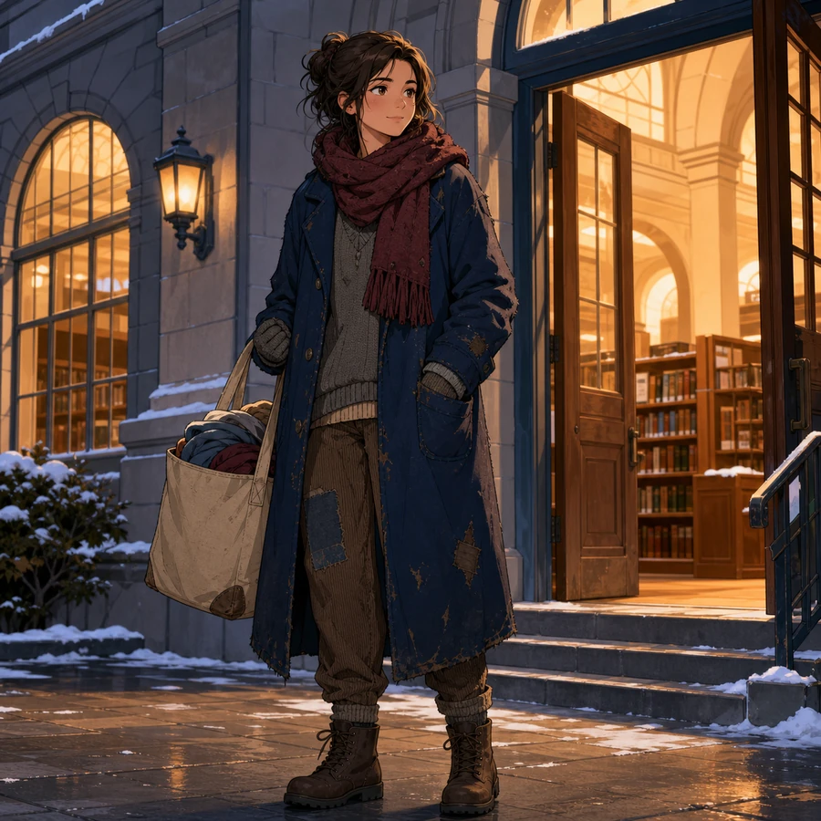 unhoused woman winter public library outfit