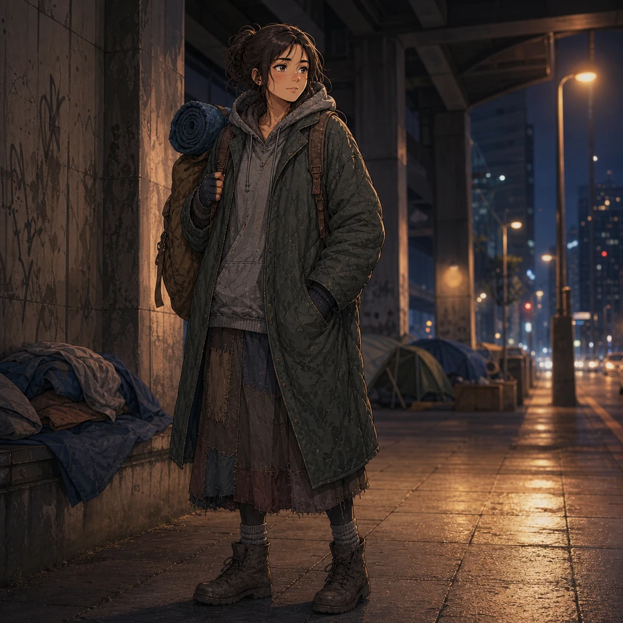 unhoused woman night underpass winter outfit
