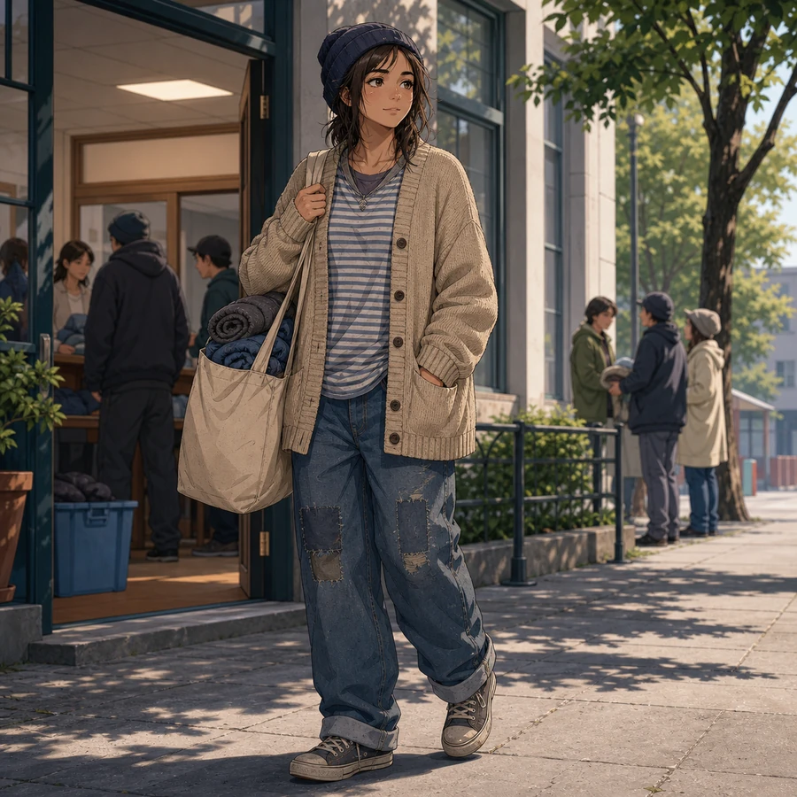 unhoused woman secondhand support center outfit