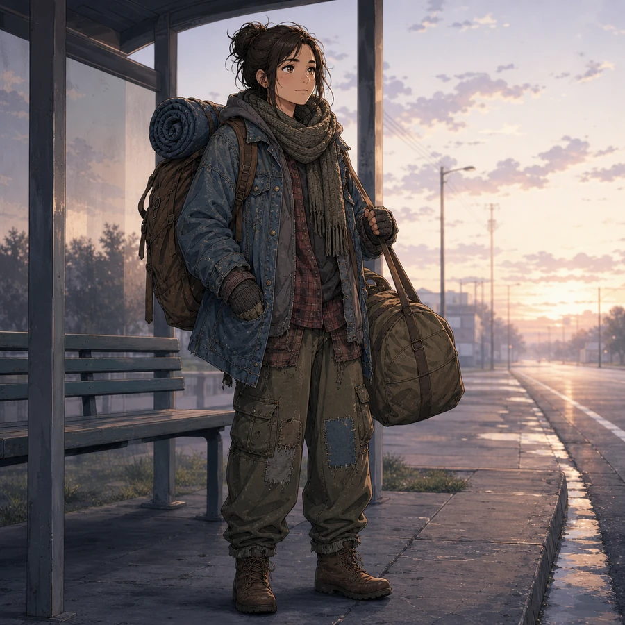 unhoused woman bus stop travel belongings outfit