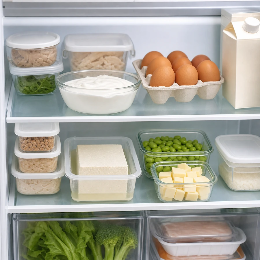 卵や豆腐などを冷蔵庫にストックしたイメージ