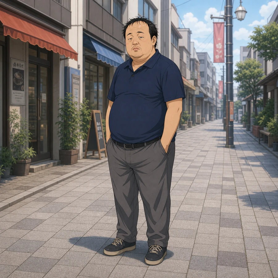 round-faced overweight man with a double chin