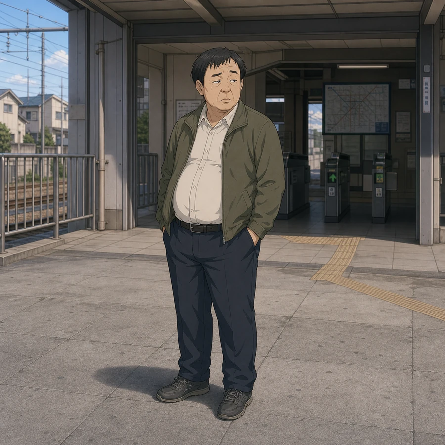 overweight man with a pear-shaped face and weak chin