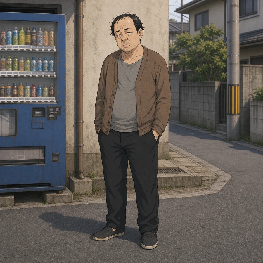 hunched overweight man with a tired face