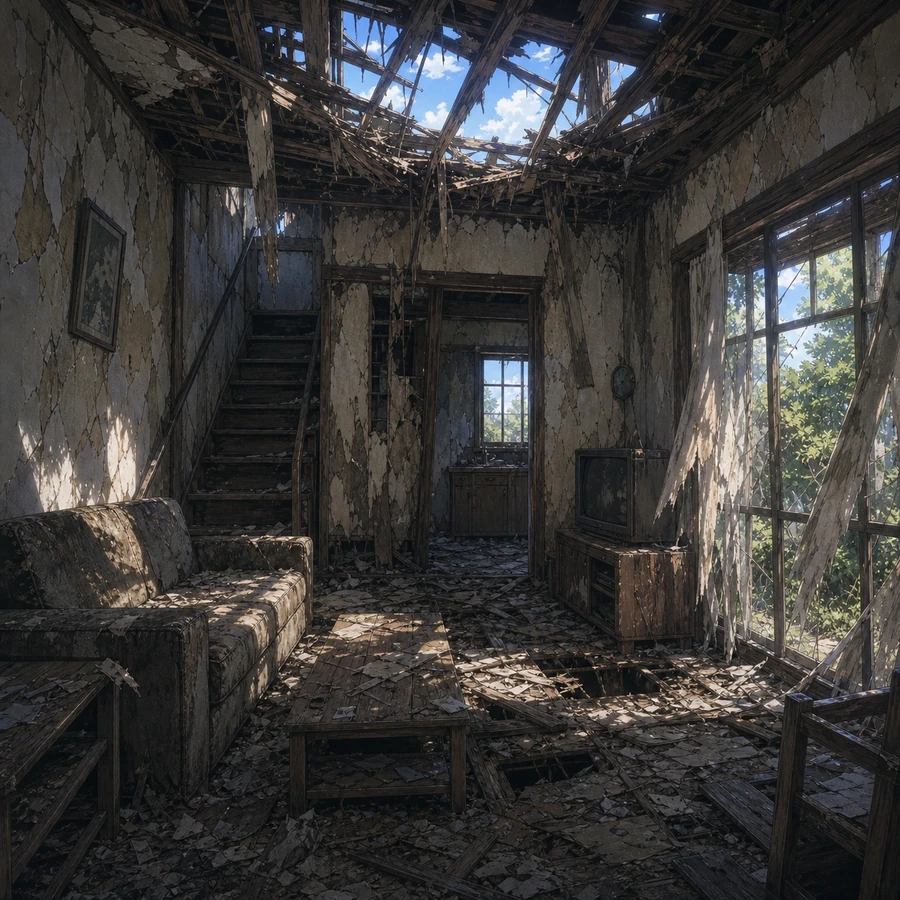 collapsed living room inside a ruined detached house