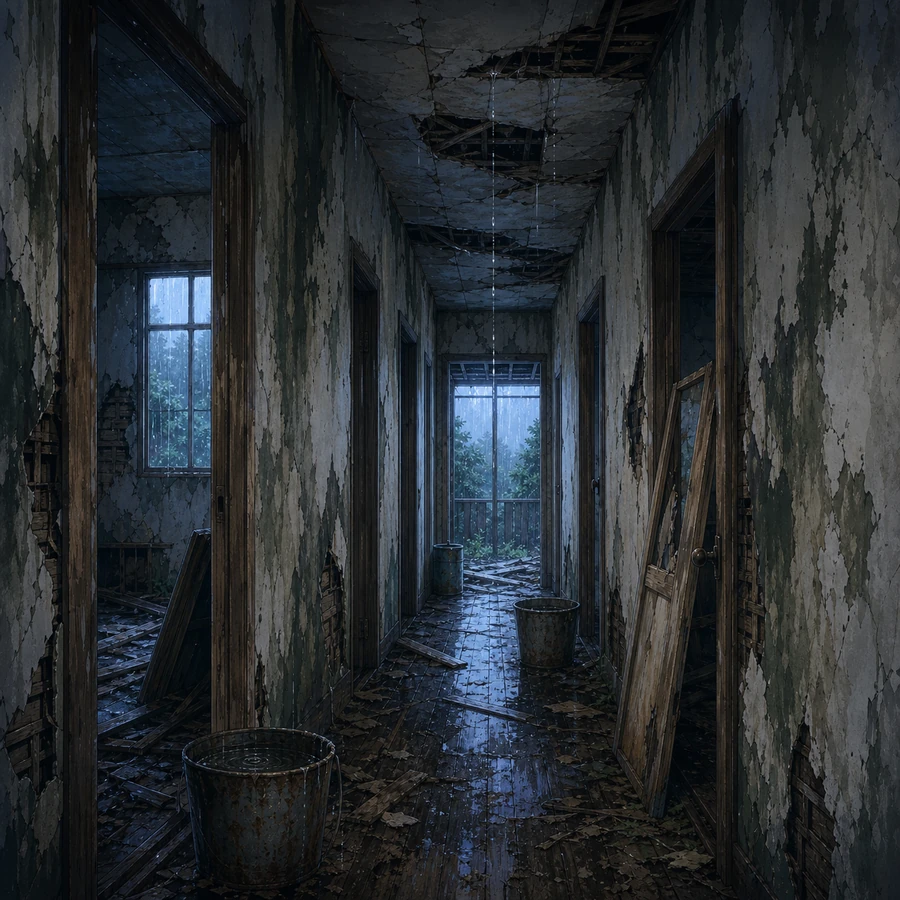 rain-damaged hallway inside a nearly ruined house