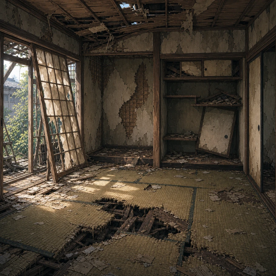 decaying tatami room inside an abandoned house