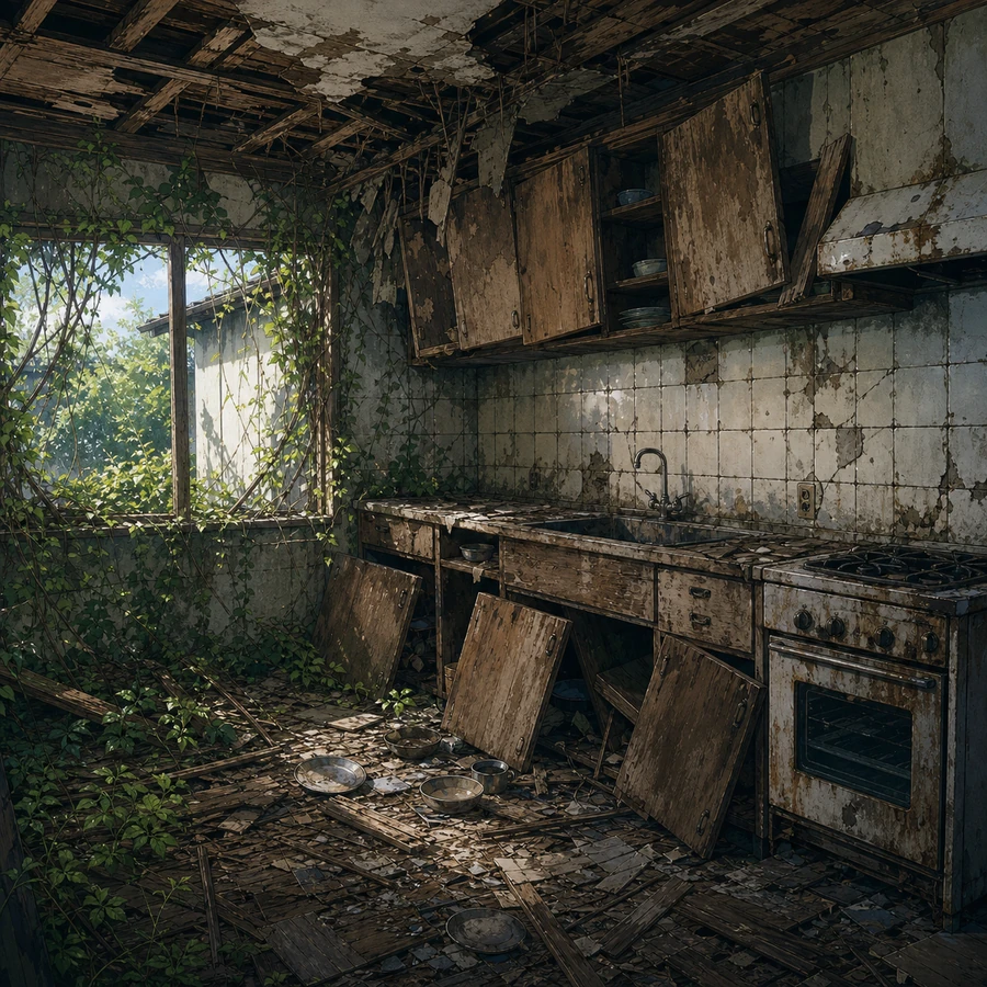 ruined kitchen inside a dilapidated detached house