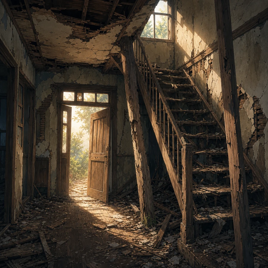 broken staircase and entrance inside a nearly collapsed house