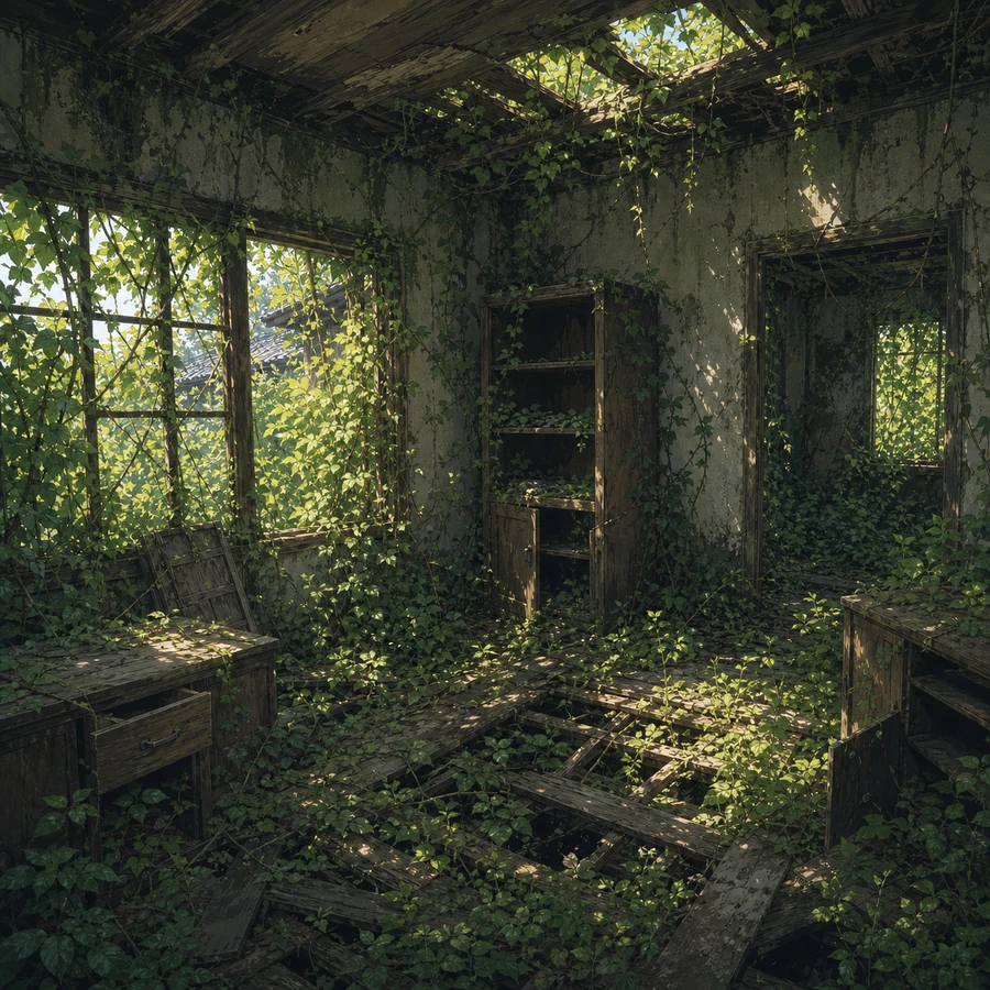 overgrown room inside an abandoned detached house