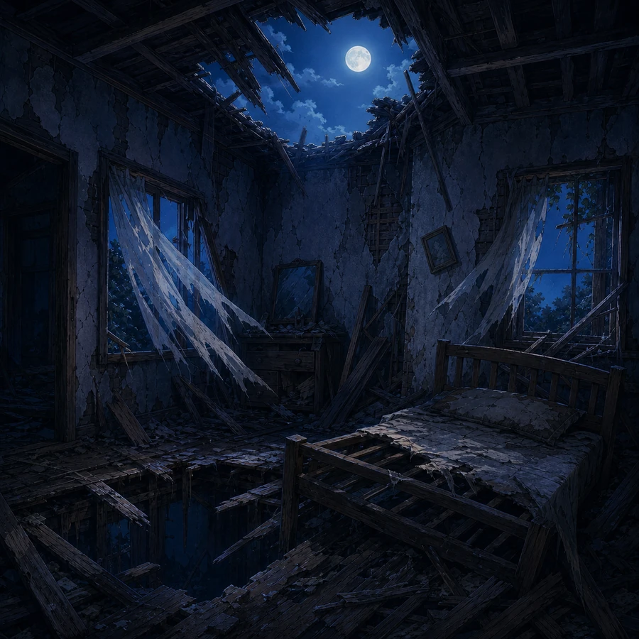 moonlit ruined bedroom inside a detached house
