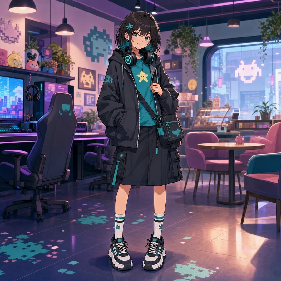 gamer hoodie and cargo skirt outfit