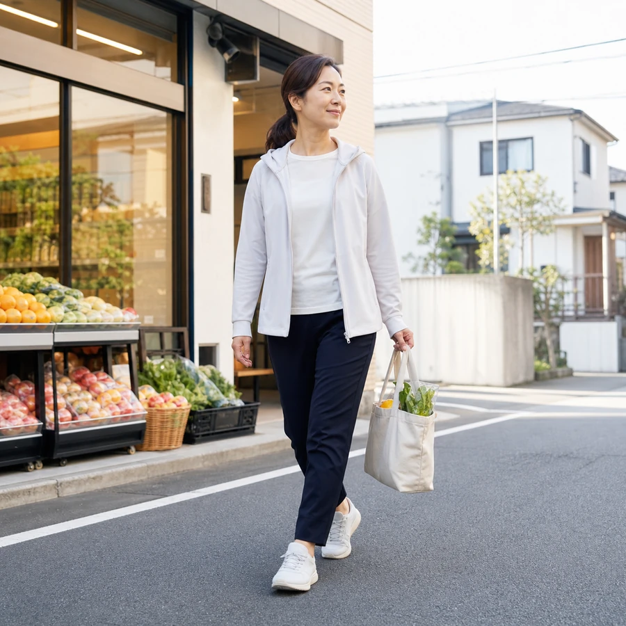 買い物の移動に歩く時間を取り入れるイメージ