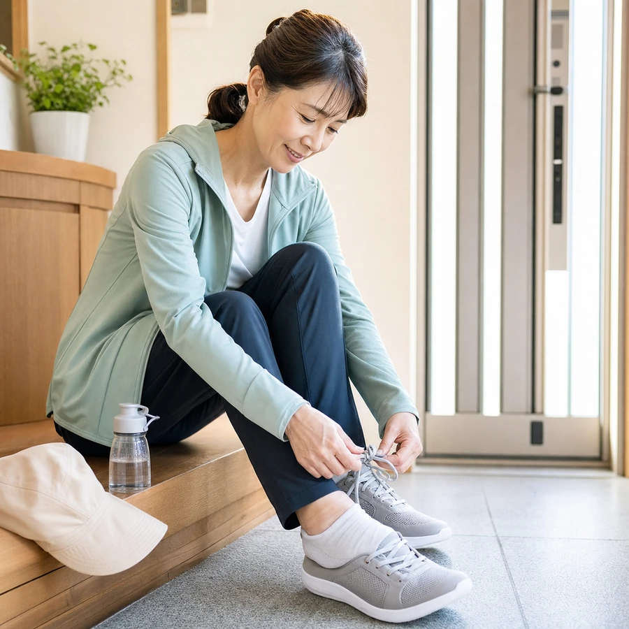 無理なく歩くために靴や飲み物を準備するイメージ
