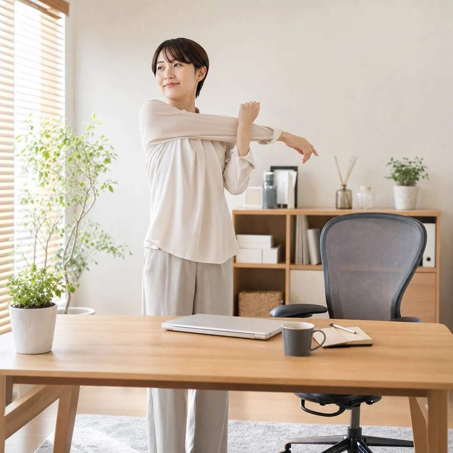 デスク作業の合間に立って体を動かすイメージ