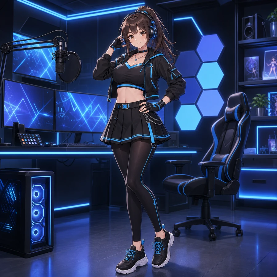 black neon blue streaming outfit