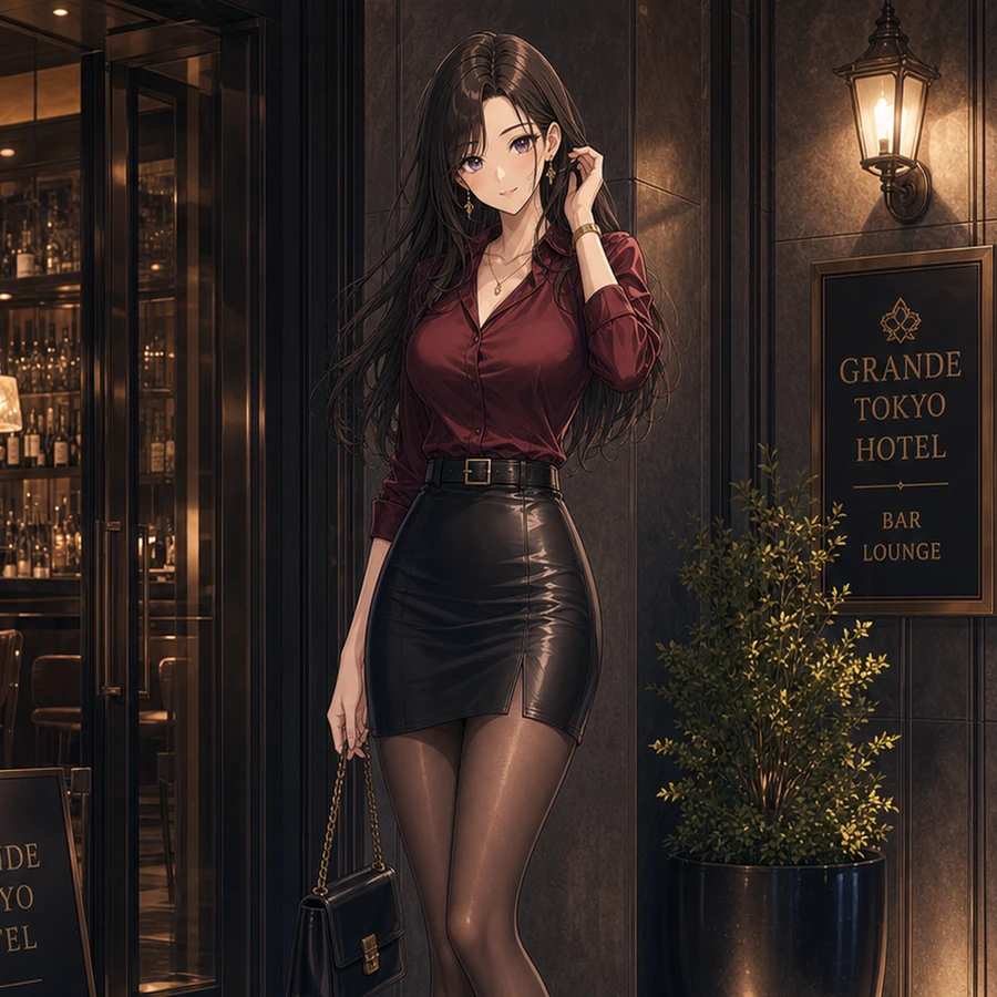 red blouse leather mini skirt outfit