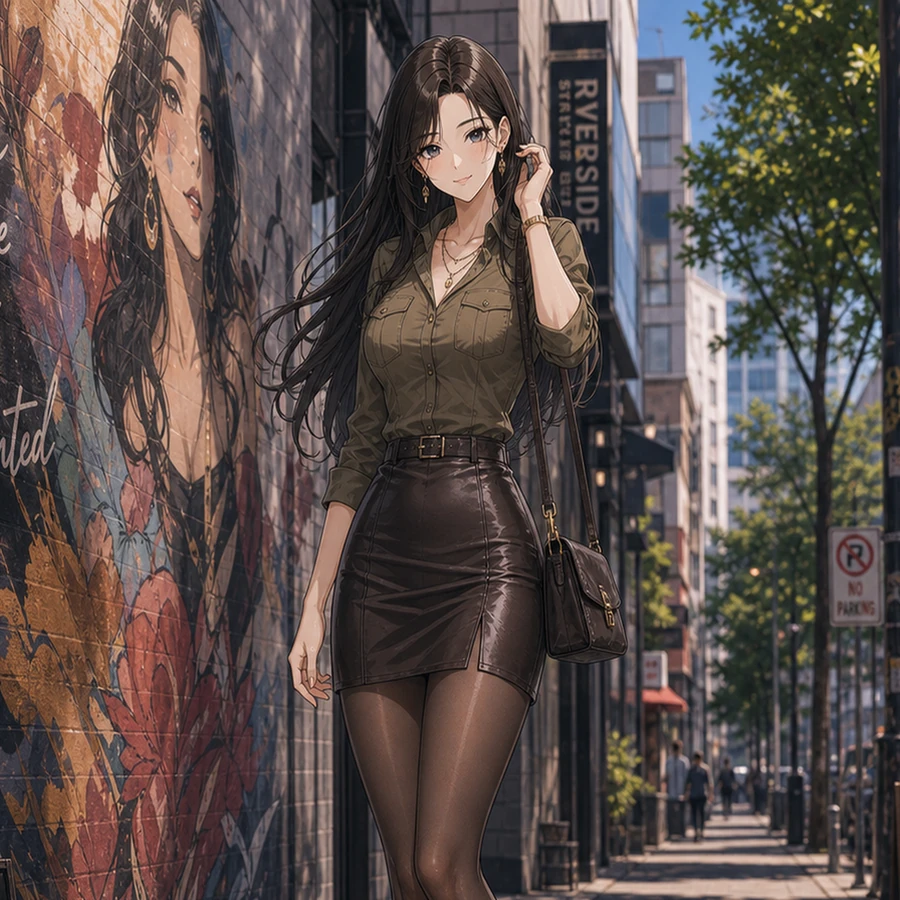 khaki shirt leather mini skirt outfit