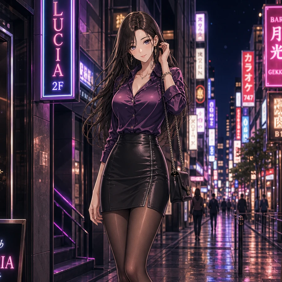 purple top leather mini skirt outfit