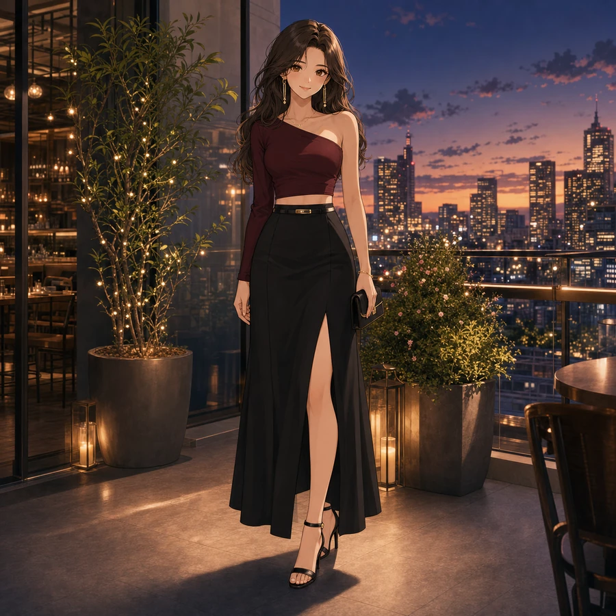 wine one-shoulder crop top and black maxi skirt outfit