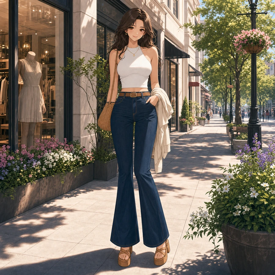 white halter crop top and flare jeans outfit