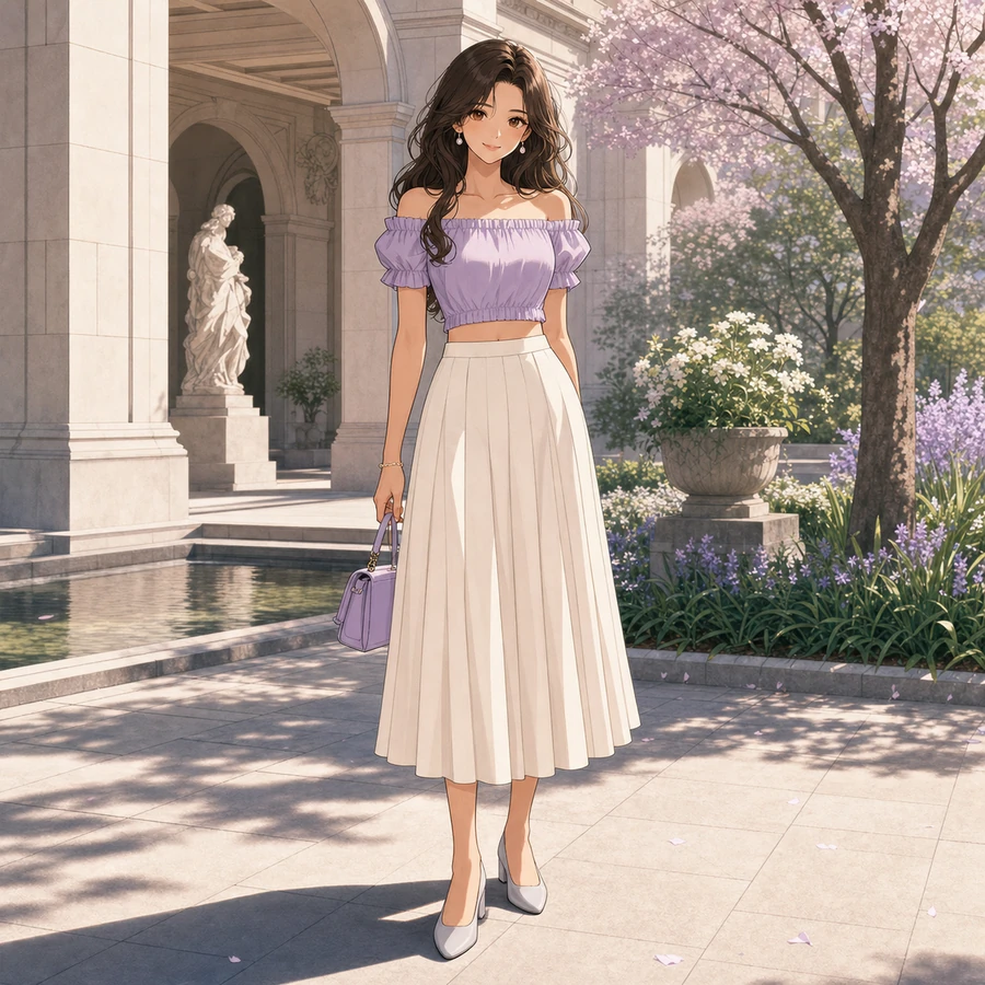 lavender off-shoulder crop blouse and pleated midi skirt outfit