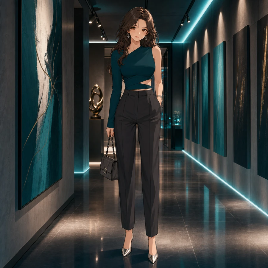 teal asymmetric cutout top and tapered trousers outfit