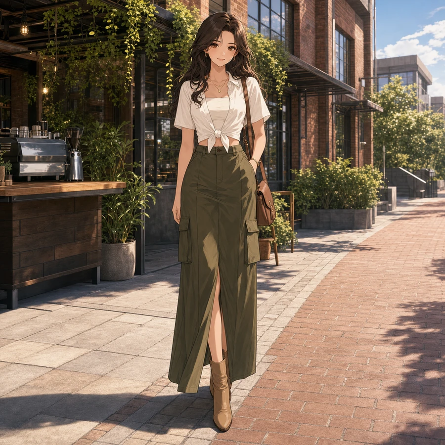 ivory tie-front crop shirt and cargo maxi skirt outfit